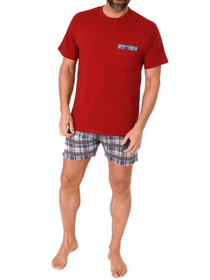 Schlafanzug kurzarm Shorty mit karierter Jersey Hose in rot