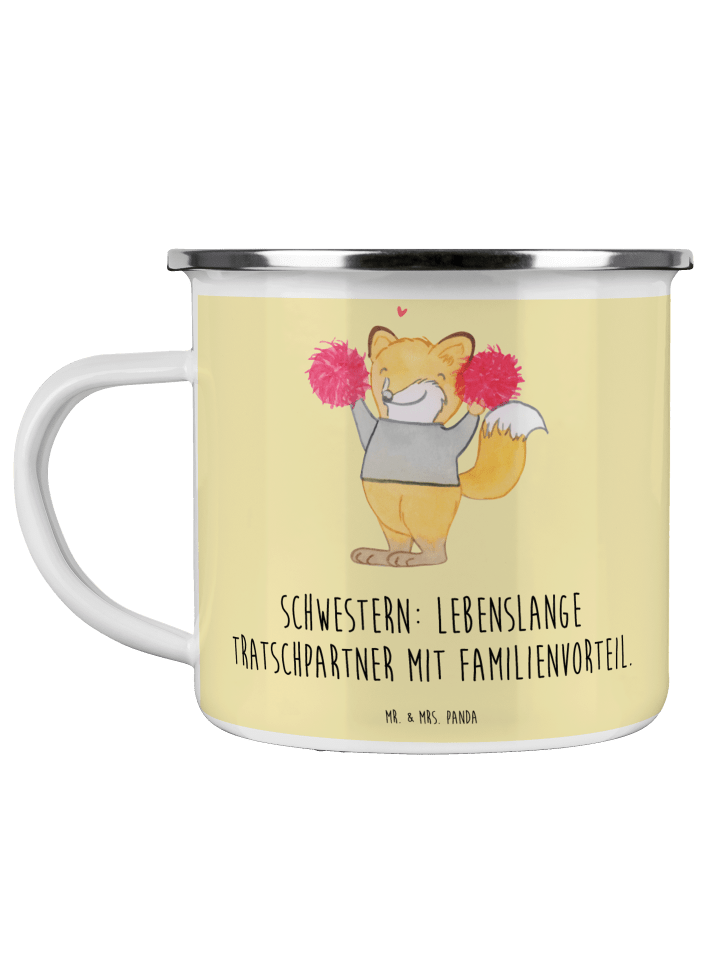 Camping Emaille Tasse Schwestern Tratschpartner... in Gelb Pastell