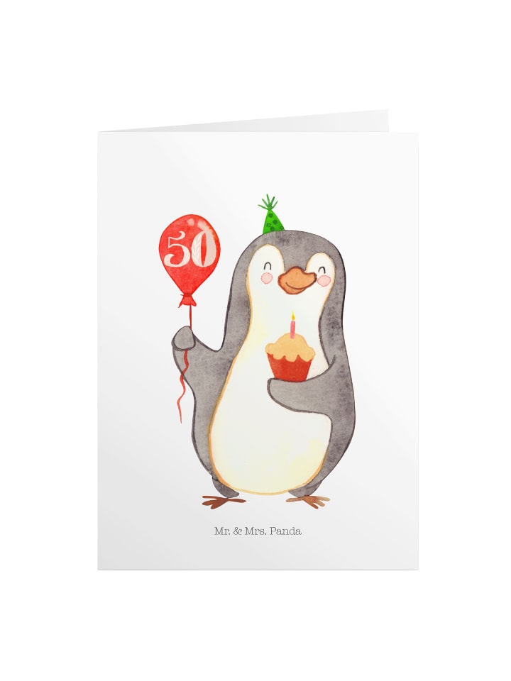 Geburtstagskarte 50. Geburtstag Pinguin Luftbal... in Weiß