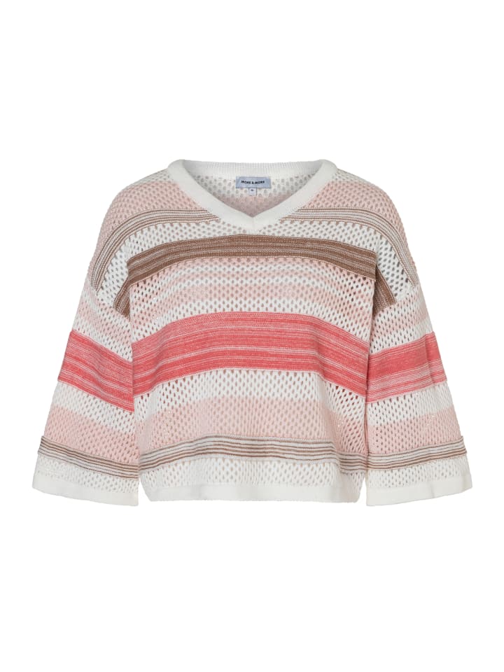 kurzer, weiter 3/4 Arm-Lochstrickpullover, gestreift in striped knit