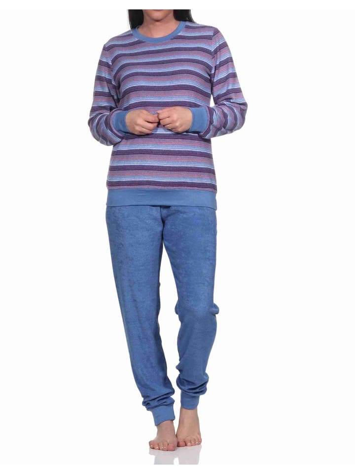 Frottee Schlafanzug Bündchen Streifendesign - 76938 in blau-melange