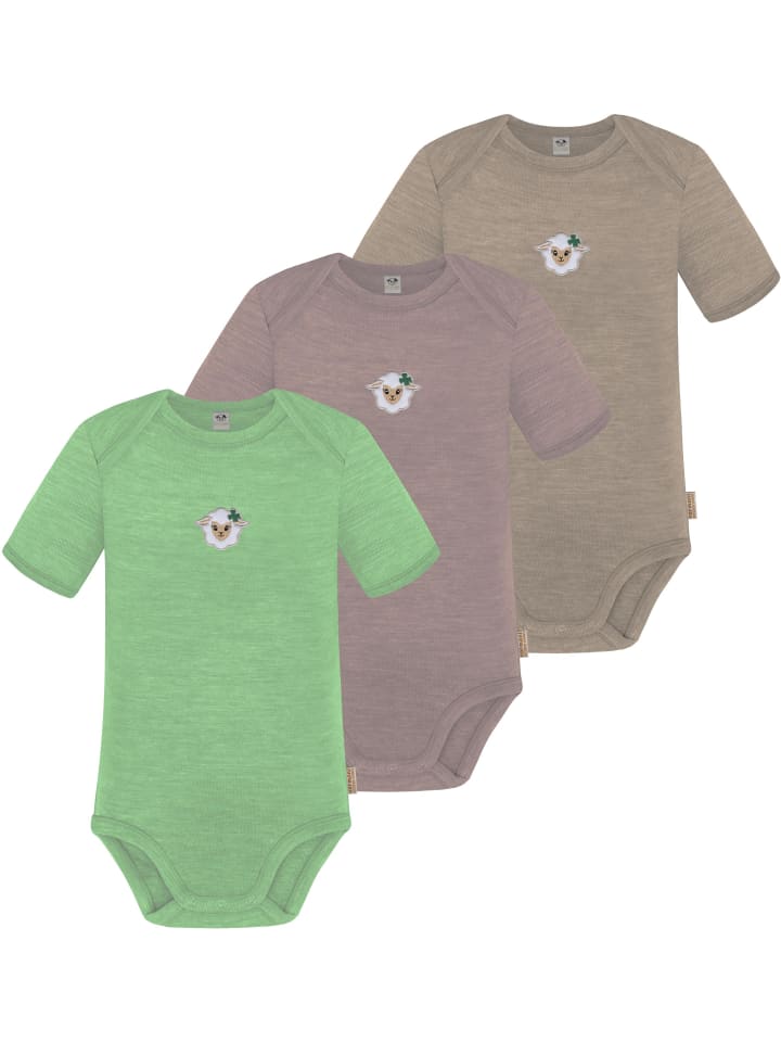 3er Set Baby Merino Body Kurzarm Tauranga in Beige/Rosa/Grün