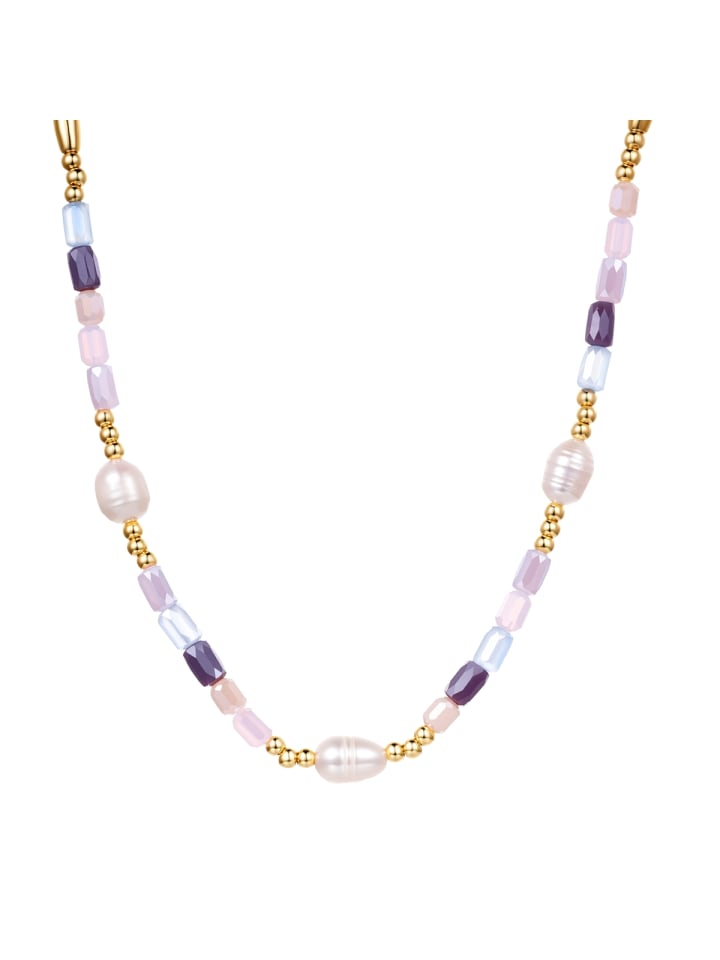 Kette aus Metall-Legierung mit Glas und Süßwasser-Zuchtperle in gelbgold