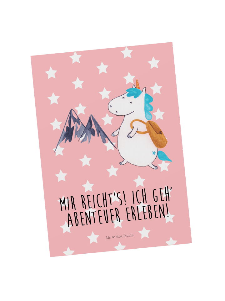 Postkarte Einhorn Bergsteiger mit Spruch in Rot Pastell