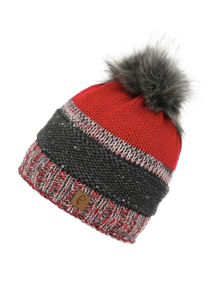 Warme Strickmütze mit Bommel Thermo-Beanie in Rot