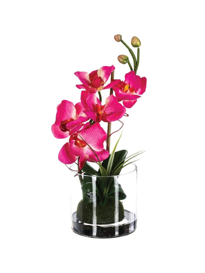 Glasvase mit Kunstblumen in Rosa, Ø 18 cm