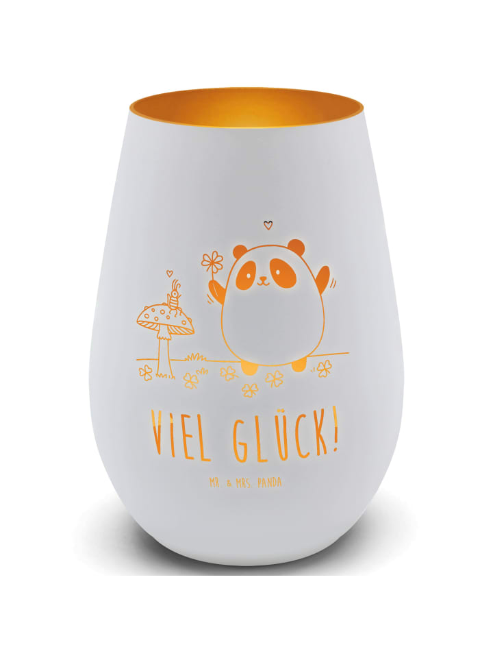Windlicht Glas Panda Glück mit Spruch in Weiß