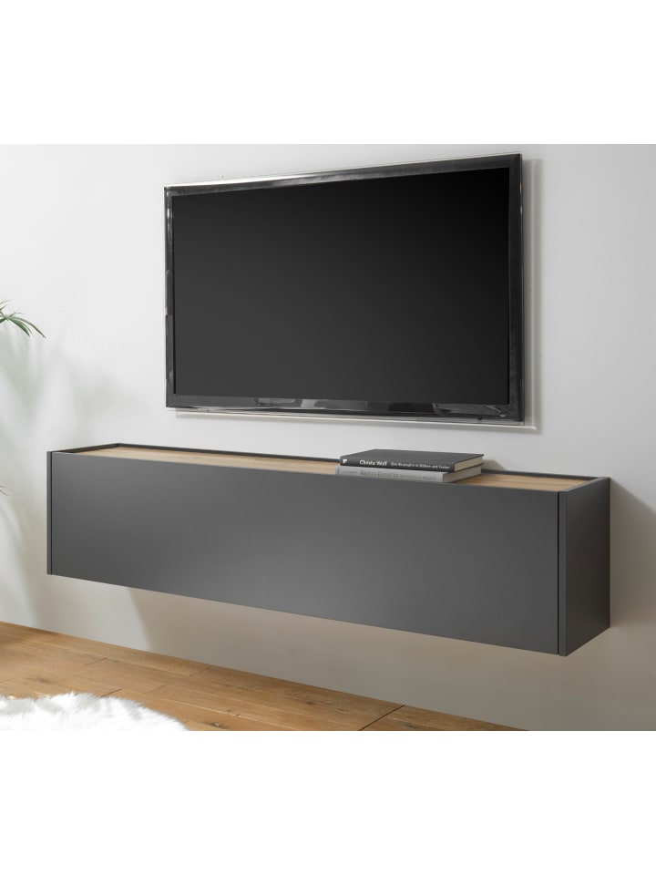 TV-Lowboard hängend grau matt, Eiche Wotan 150 cm, TV-Unterteil Hängeschrank