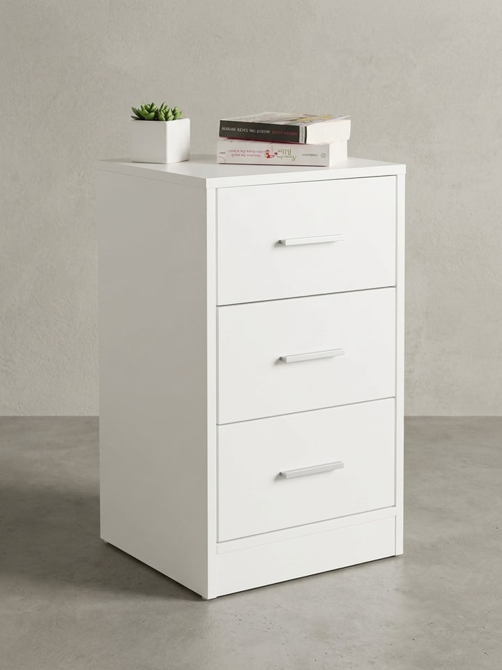 Moderner Nachtschrank, Holz, 3 Schubladen, melaminharzbeschichtet in Weiß