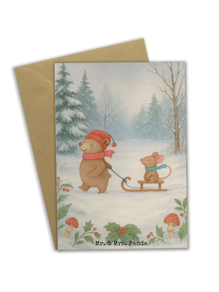 Grußkarte Bär und Maus Schlitten Design ohne Sp... in Weiß