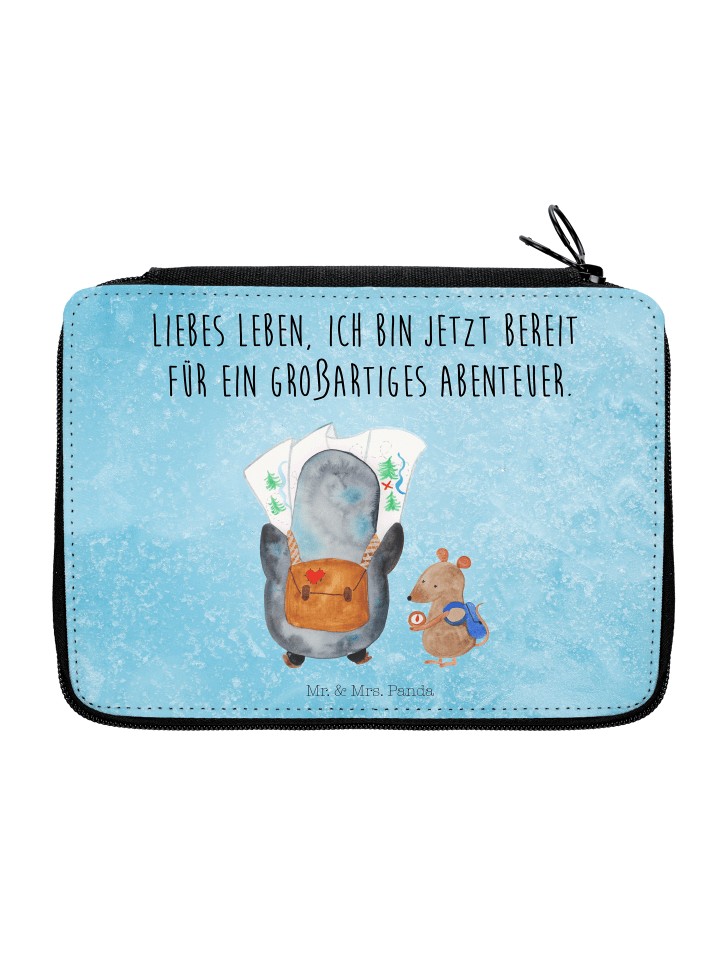 Federmäppchen Pinguin & Maus Wanderer mit Spruch in Eisblau