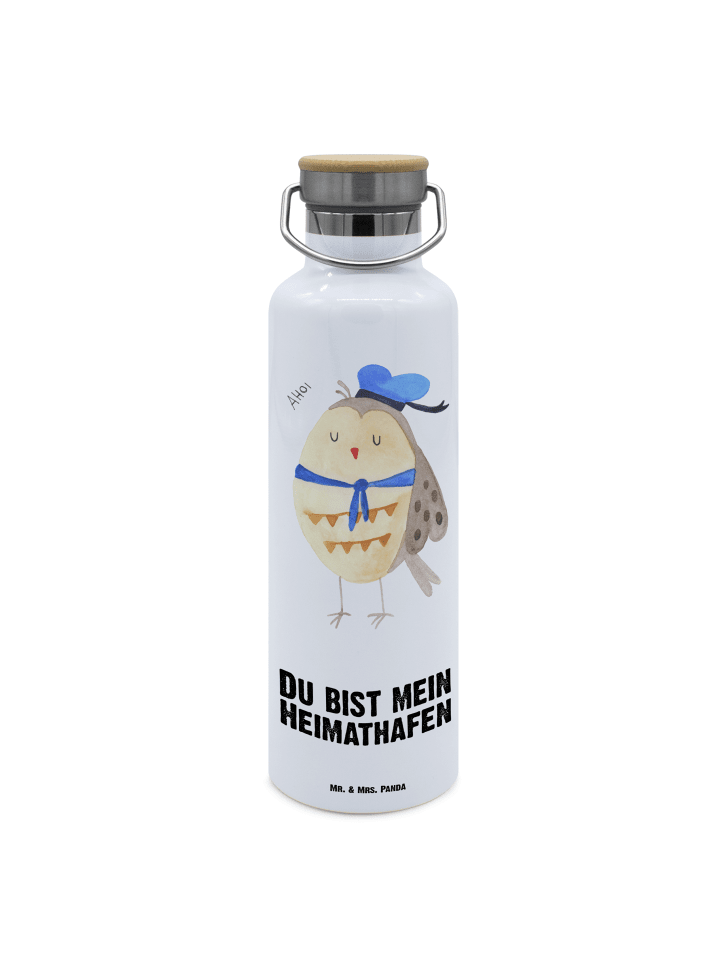 Trinkflasche Eule Matrose mit Spruch in Weiß