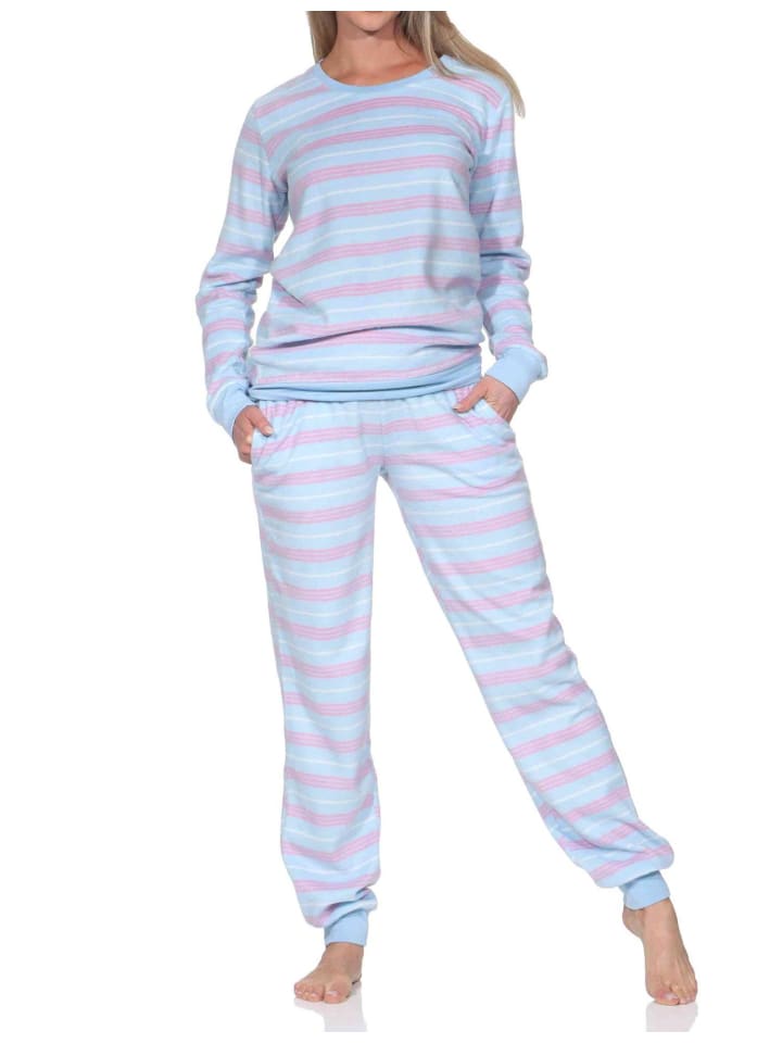 Fleece Schlafanzug langarm Bündchen chilige optik in hellblau
