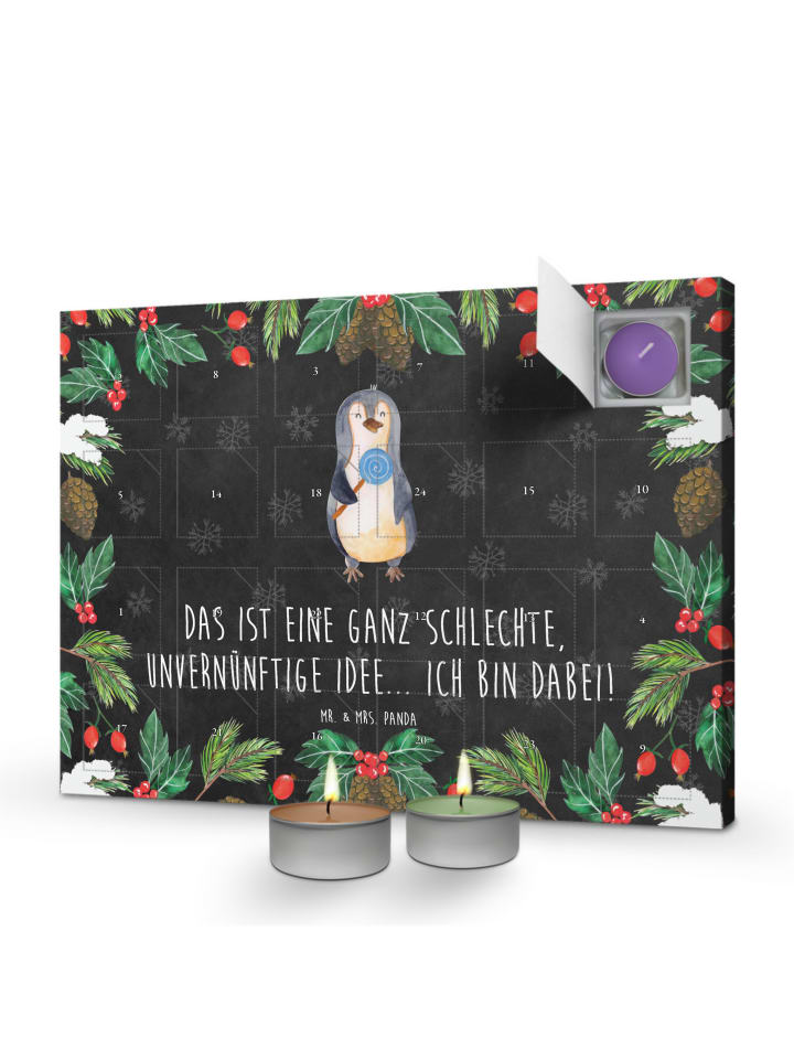 Adventskalender Pinguin Lolli mit Spruch in Kreidetafel