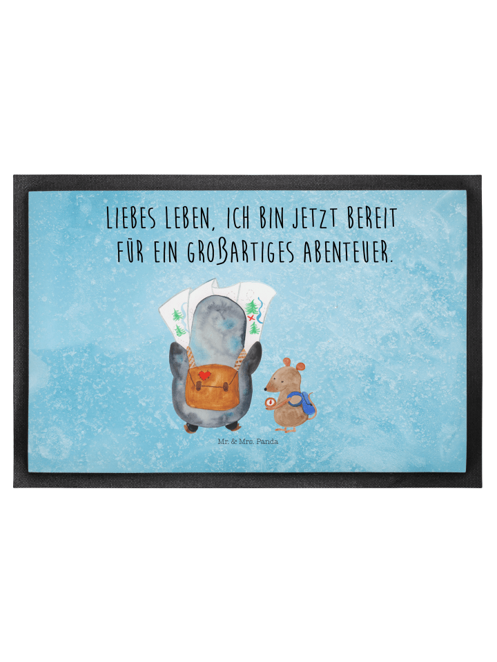 Fußmatte Pinguin & Maus Wanderer mit Spruch in Eisblau