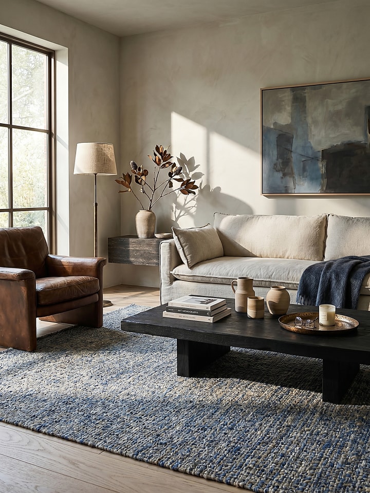 Wollteppich Handgewebt OTLEY Naturfaser Wohnzimmer in Blau