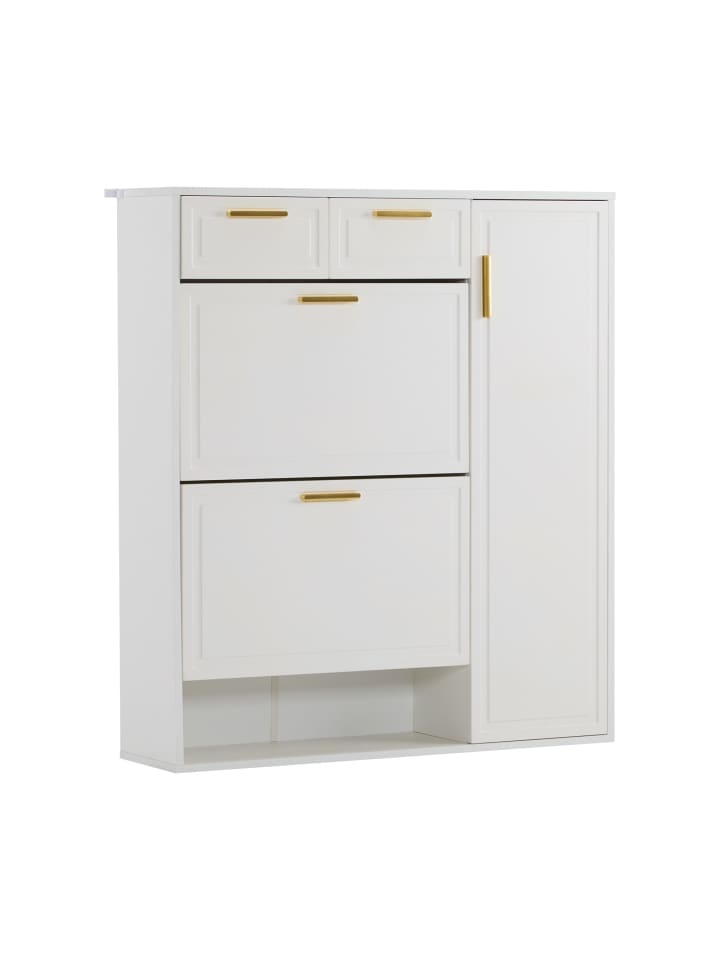 Schuhschrank in Weiß mit goldenen Griffen B95 D24 H107.5 cm