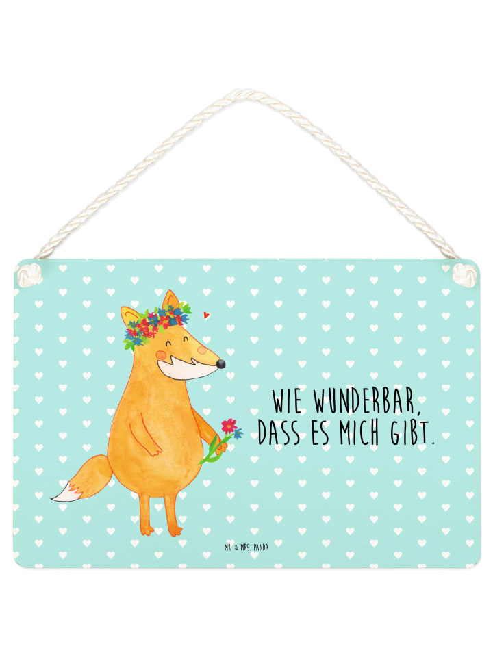 Schild Fuchs Blumen mit Spruch in Türkis Pastell