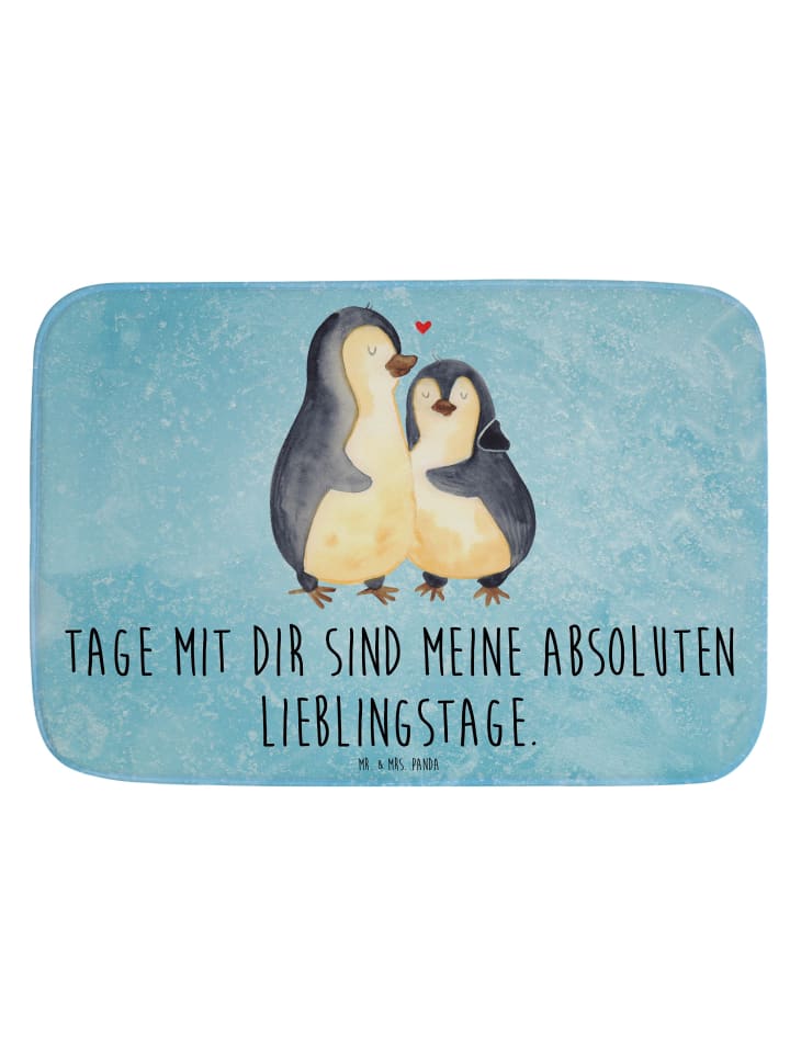 Badeteppich Pinguin umarmen mit Spruch in Eisblau