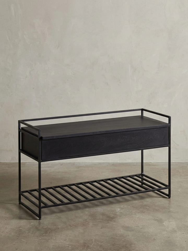 Schuhbank Massivholz | Mango/Metall, 90x52cm, Schwarz, mit Regal in Schwarz