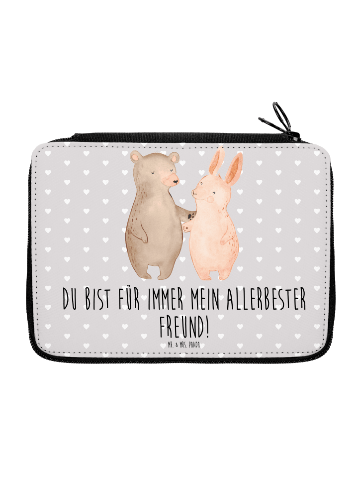 Federmappe Bär und Hase Umarmen mit Spruch in Grau Pastell