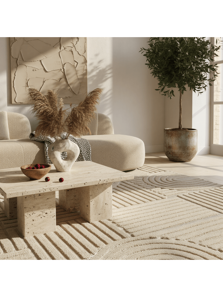 Teppich 3D Waschbar Skandinavischer Boho RIGI Strapazierfähig in Beige