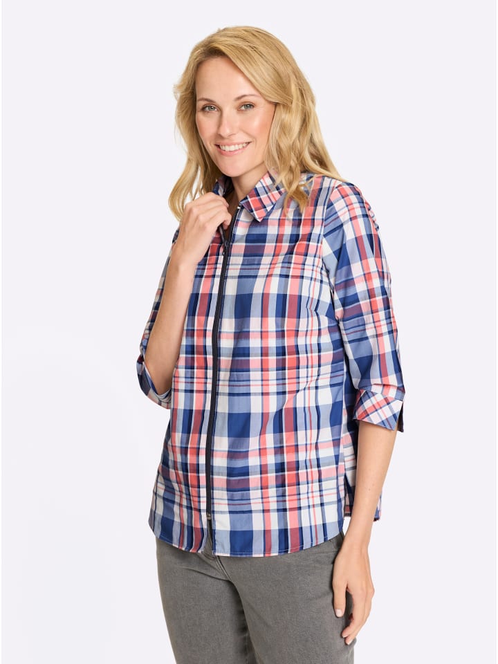 Karo-Bluse in jeansblau-koralle-kariert