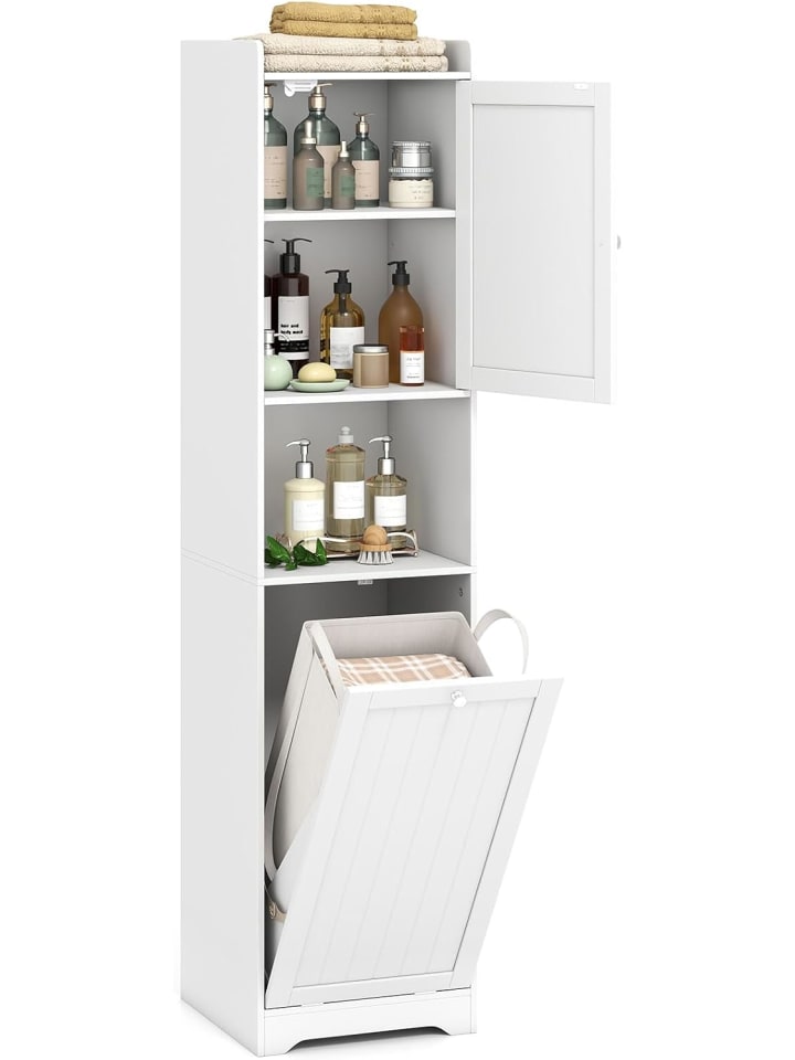 Bad Hochschrank mit Wäschekorb in Weiß