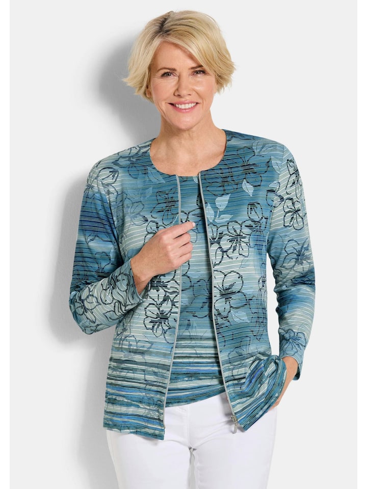 Kurzgröße: Jerseyjacke mit floralem Streifenmuster in blau / gemustert