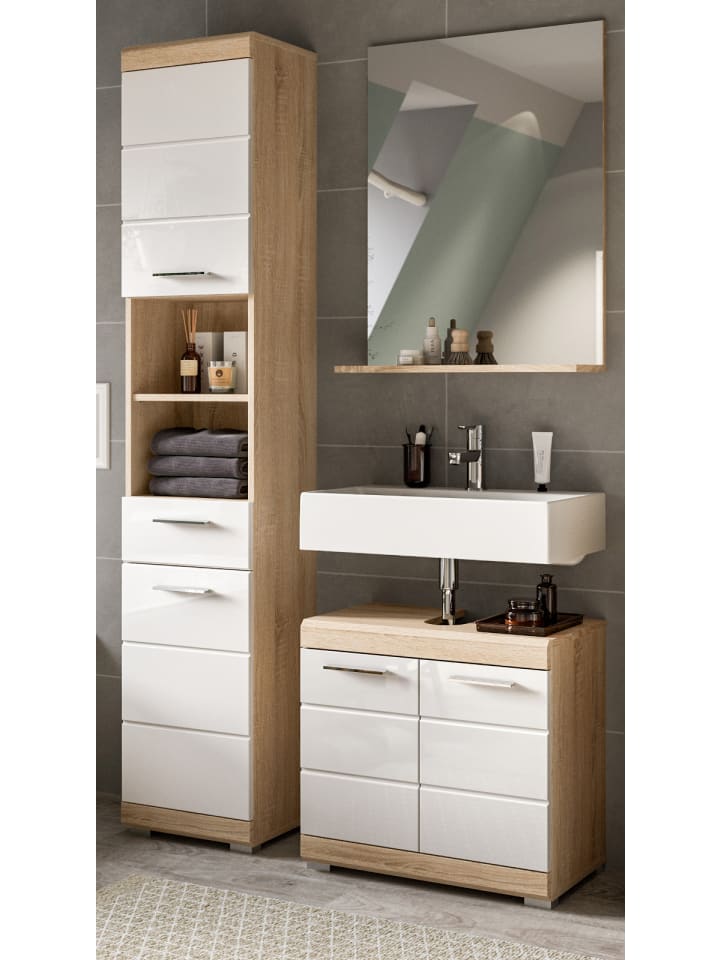 Badmöbel-Set weiß Hochglanz, Eiche 3-teilig 112 cm mit viel Stauraum