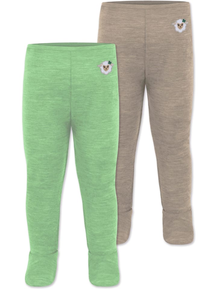 2er Pack Baby Merino Unterhose mit Füßen in Beige/Grün