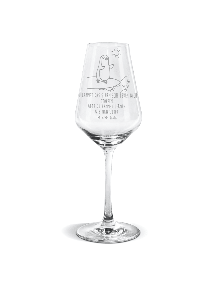Weinglas Pinguin Surfer mit Spruch in Transparent