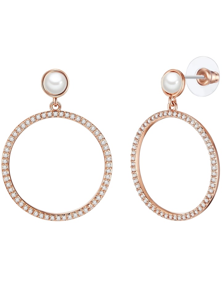 Perlen-Ohrstecker aus Messing mit Zirkonia und Muschelkernperle in roségold