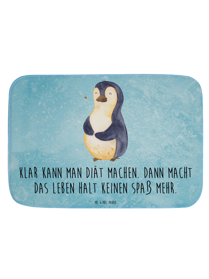 Badematte Pinguin Diät mit Spruch in Eisblau