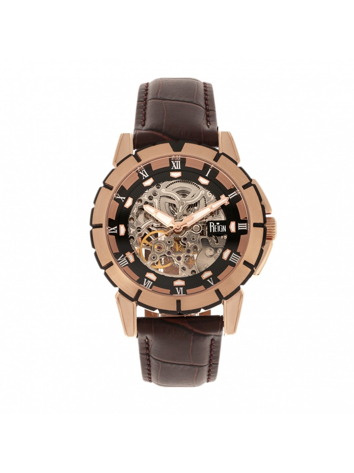 Philippe Automatikuhr mit Skelettgehäuse und Lederarmband in Rose Gold/Black