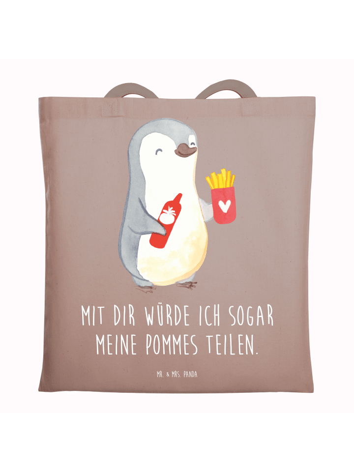 Tragetasche Pinguin Pommes mit Spruch in Braun Pastell