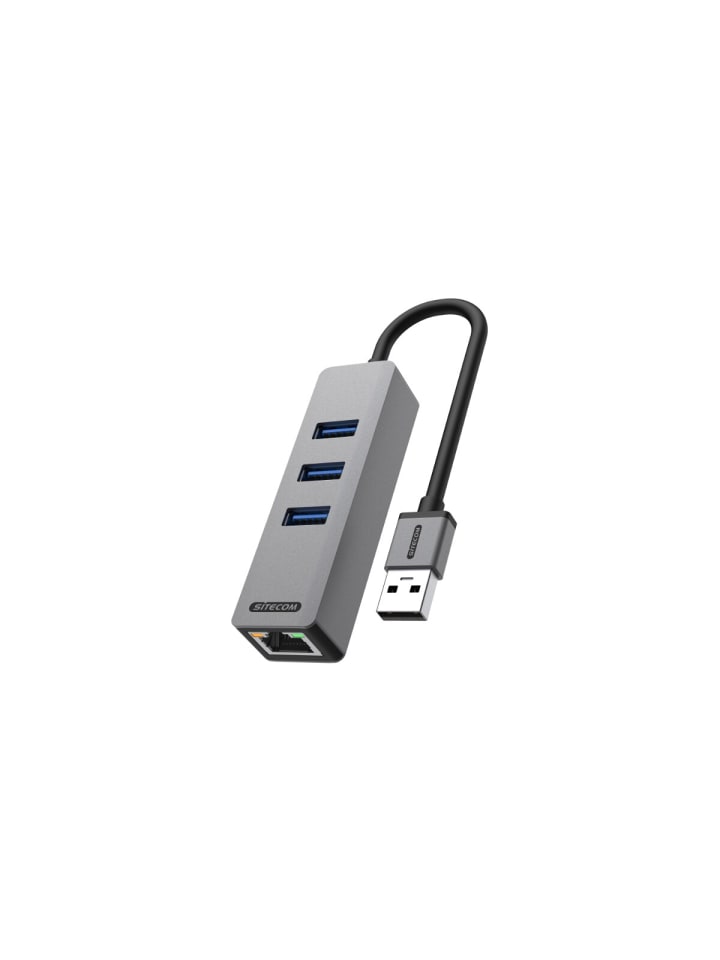 Sitecom USB-A-zu-Ethernet Adapter mit 3 USB-3.0-Ports in Grau