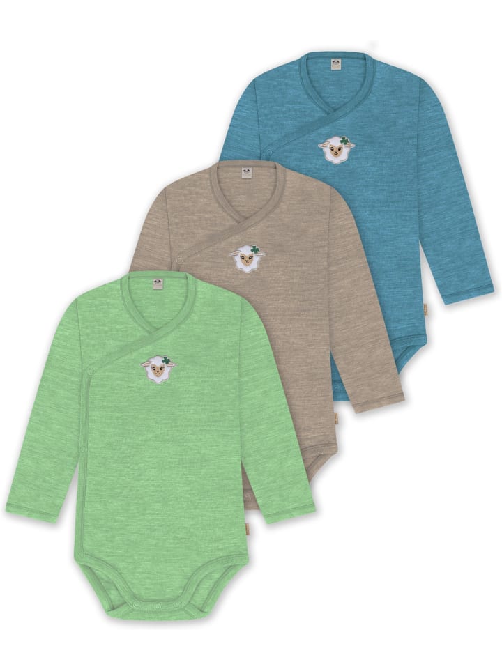3er Set Baby-Body Wickelbody Toddler-Bodysuit in Blau/Beige/Grün