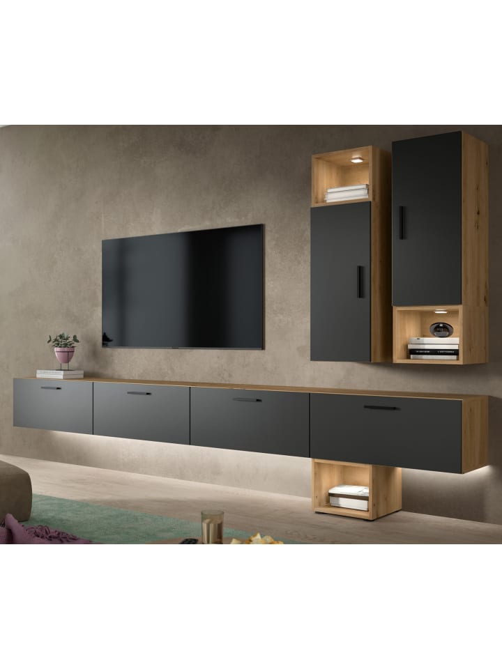 Wohnwand in grau und Artisan Eiche 300 cm, Wohnkombination hängend oder stehend