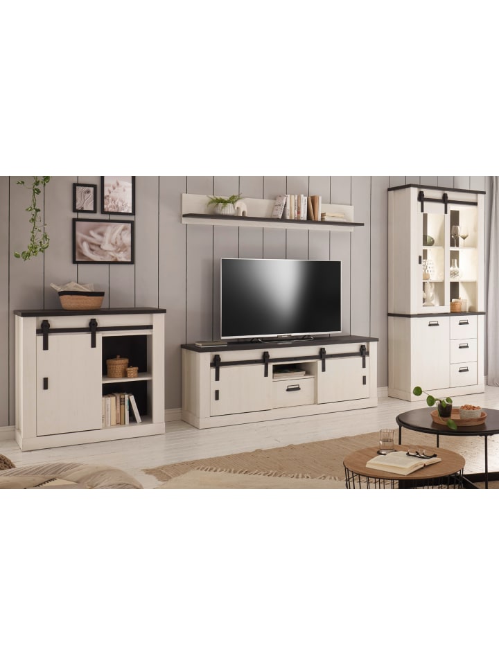 Wohnwand weiß Pinie, anthrazit Landhaus, Wohnkombination 4-teilig 388 cm