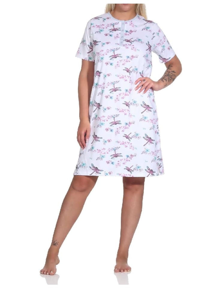 kurzarm Nachthemd floralem Alloverprint und Knopfleiste am Hals - 79281 in weiss
