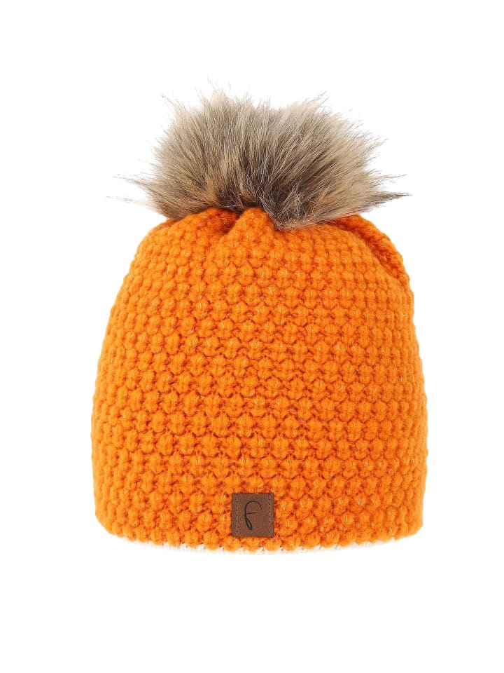 Lurex Kunstfell Bommelmütze mit Fleece Innenfutter in Orange