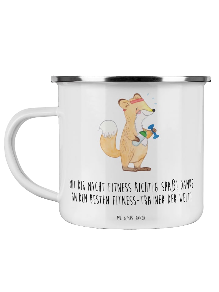Becher Emaille Fitness-Trainer Dank mit Spruch in Weiß