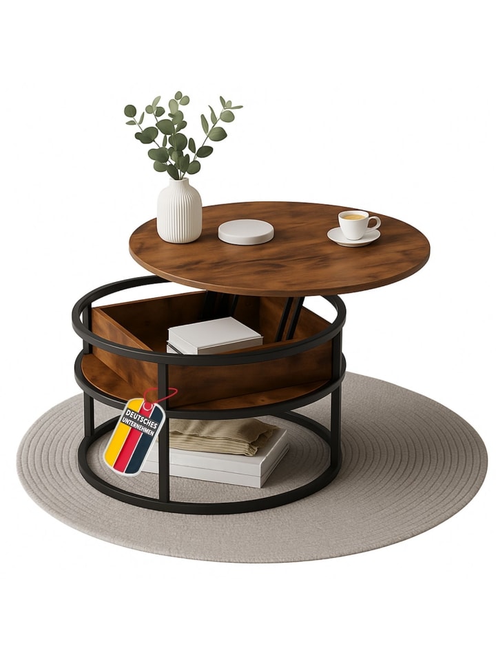 Couchtisch Swing aus Metall mit verstellbarer Holz Tischplatte in Braun