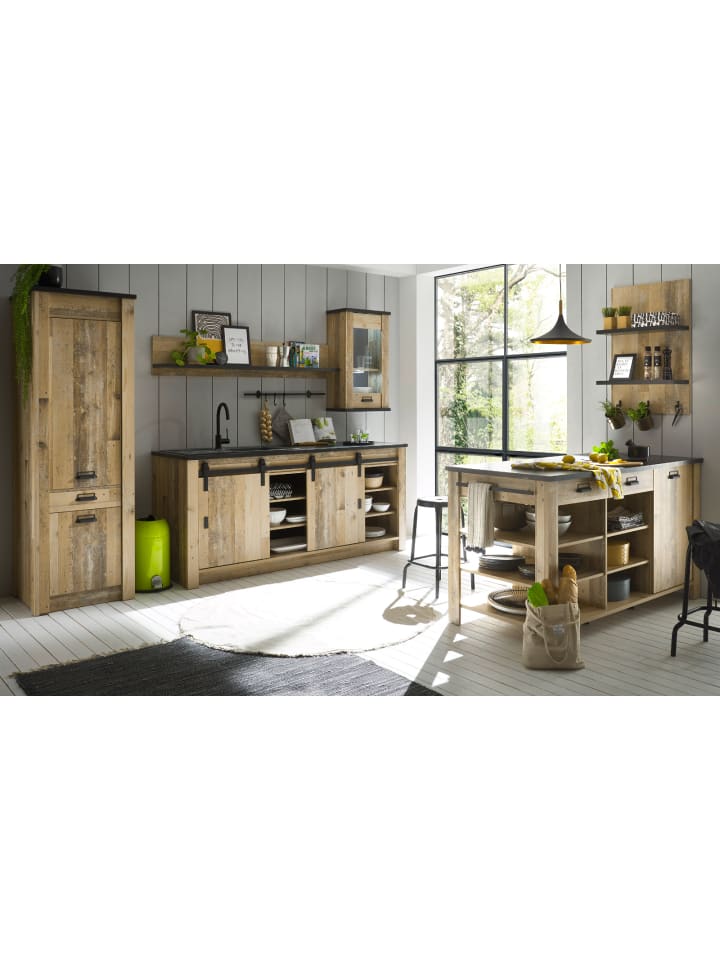 Küchen-Set Used Wood hell, anthrazit, Küchenschrank Set 6-teilig mit Kochinsel