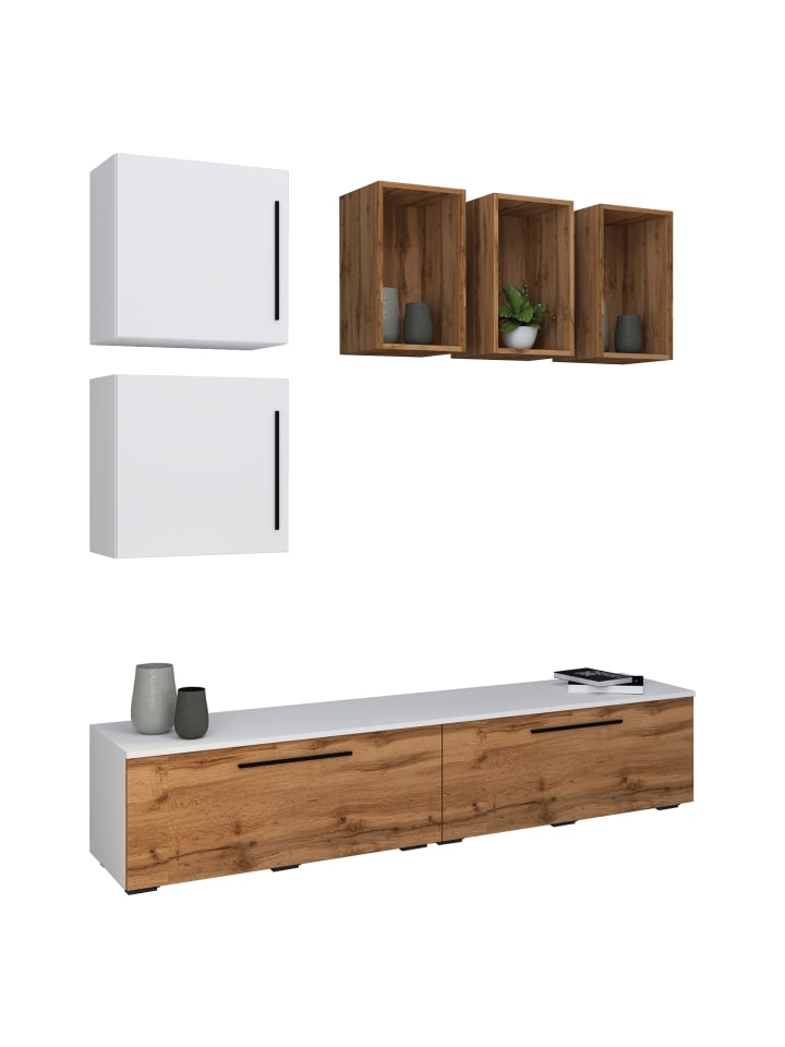 Schrankwand Wohnzimmer Anbauwand Wohnwand Arila L in Weiß / Honig-Eiche