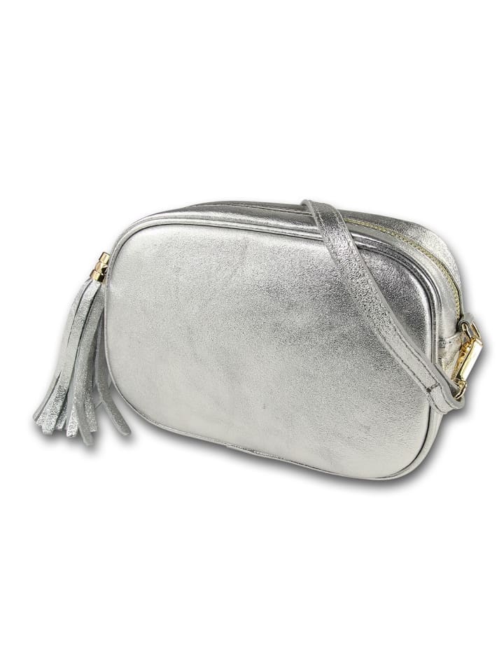 Leder Umhängetasche Toscanto Tasche silber metallic ca. 21cm