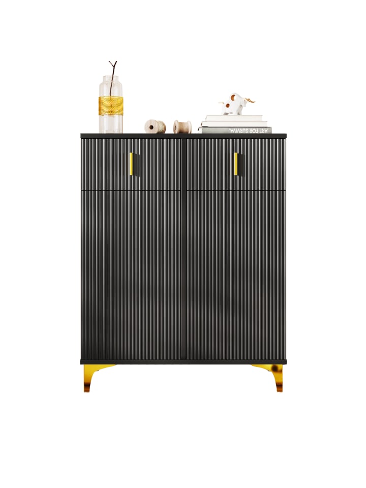 Sideboard in Schwarz mit Strukturpaneelen Schubladen goldenen Verzierungen für Flur