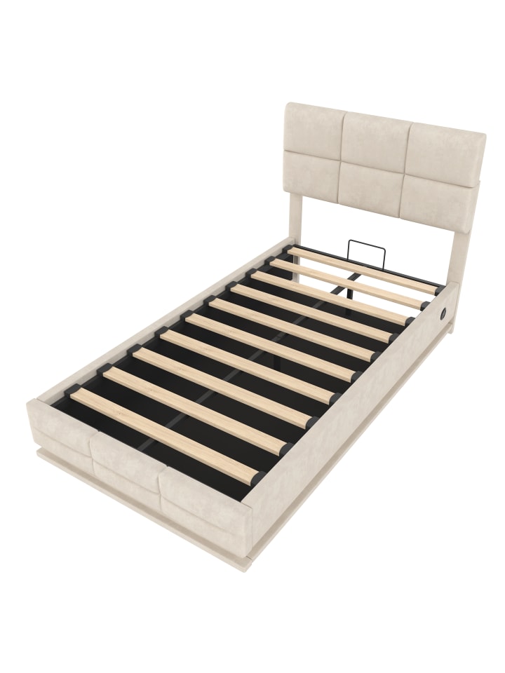 Polsterbett in Beige mit hydraulischem Lift-System, USB und Lattenrost 90x200