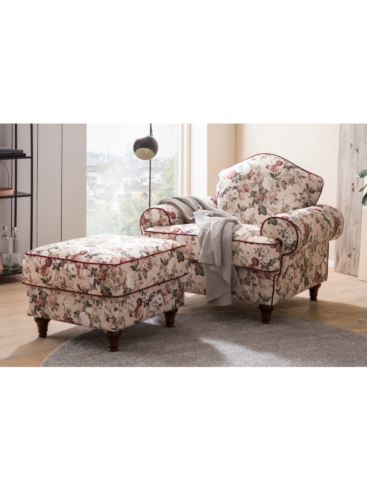Sessel Set 2-teilig creme Landhaus, Blumen Design 110 cm, Kombination mit Hocker